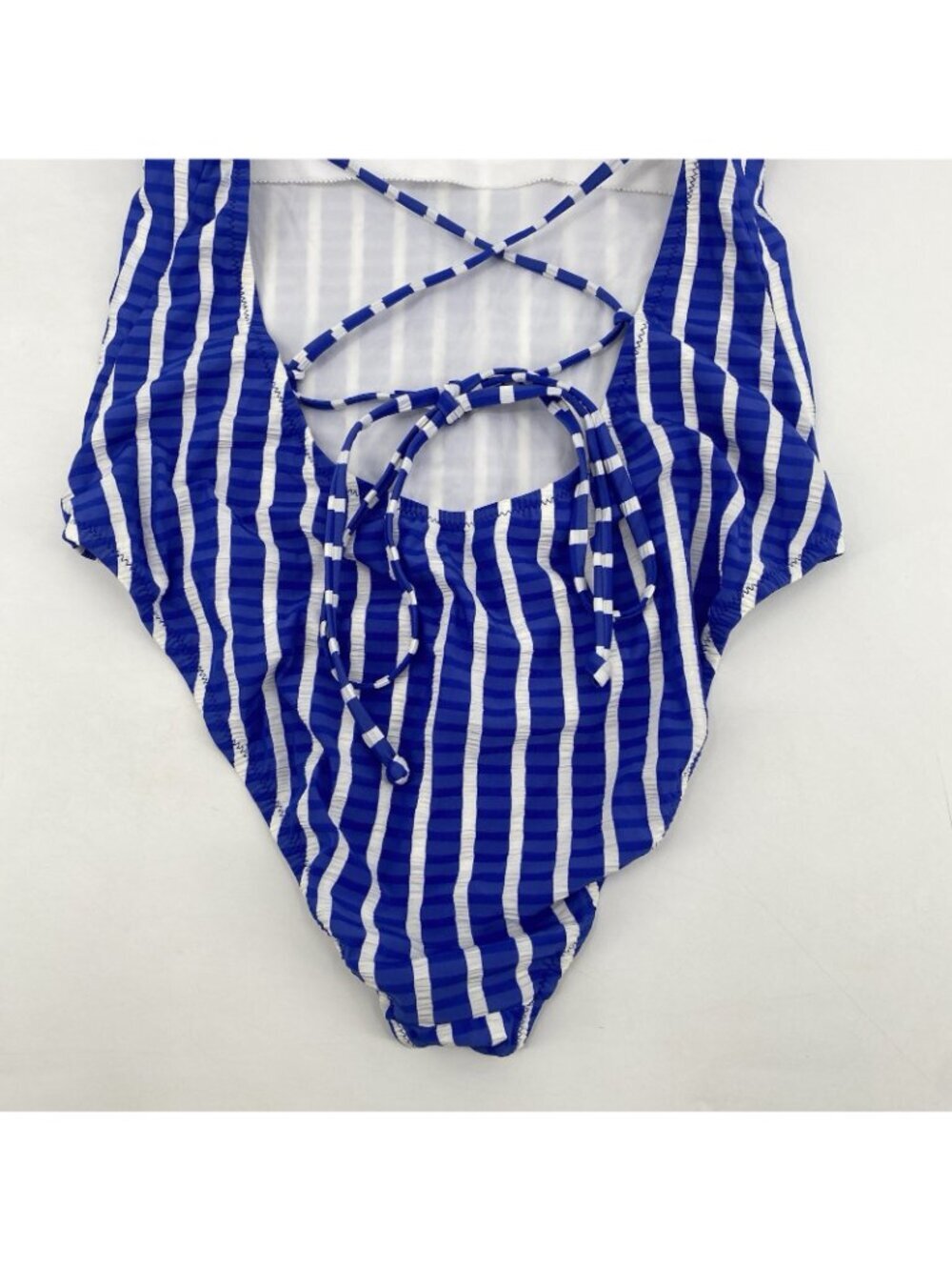 J.Crew Size 10 Blue White Lace Up Back One Piece Swimsuit Puckered Stripe H2911 - Picture 10 of 14